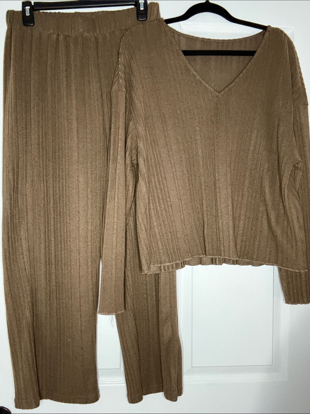 Amazon Women's Two-Piece Ribbed Pajama Set in Brown